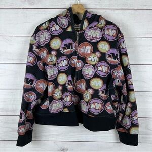 Vintage Y2K Mecca femme Women's 2X Zip-up Hoodie Black 2000s All Over Print